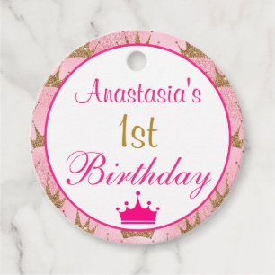 Girly Princess Hot Pink Gold Glitter 1st Birthday Favour Tags