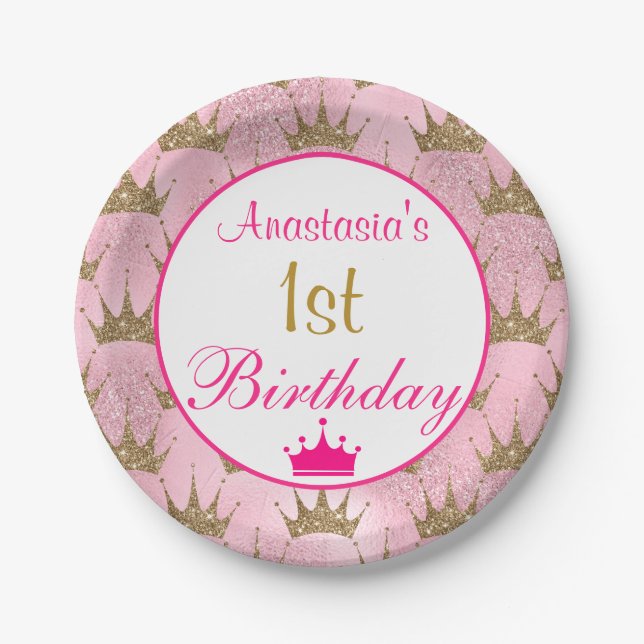 Girly Princess Hot Pink Gold Glitter 1st Birthday Paper Plate (Front)