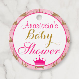 Girly Princess Hot Pink & Gold Glitter Baby Shower Favour Tags