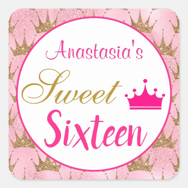 Girly Princess Hot Pink Gold Glitter Sweet Sixteen Square Sticker (Front)
