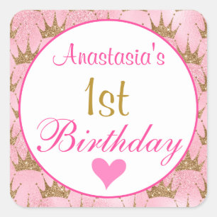 Girly Princess Pink and Gold Glitter 1st Birthday Square Sticker
