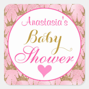 Girly Princess Pink and Gold Glitter Baby Shower Square Sticker