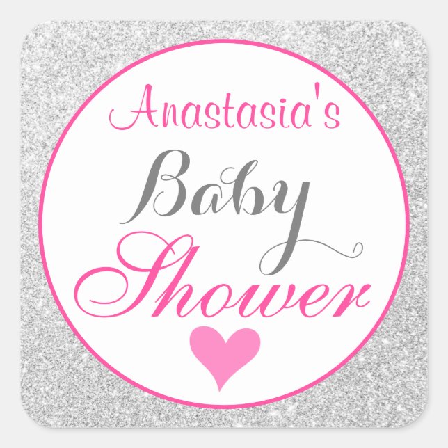 Girly Princess Pink and Silver Glitter Baby Shower Square Sticker (Front)