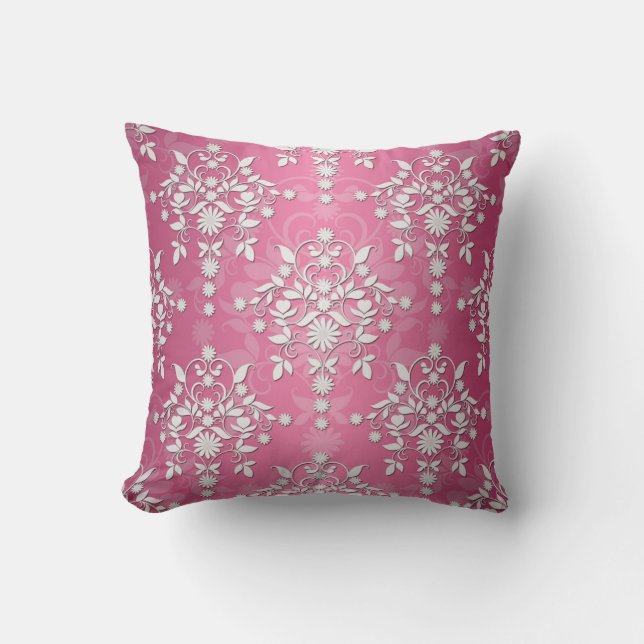 Girly Princess Pink Daisy Damask Cushion (Front)