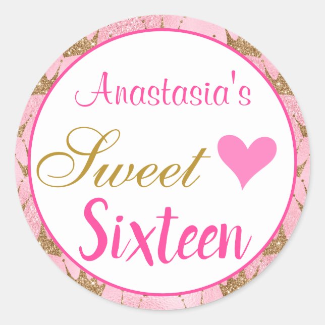 Girly Princess Pink Gold Glitter Sweet Sixteen 16 Classic Round Sticker (Front)
