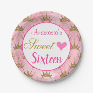 Girly Princess Pink Gold Glitter Sweet Sixteen 16 Paper Plate