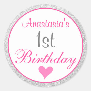Girly Princess Pink & Silver Glitter 1st Birthday Classic Round Sticker