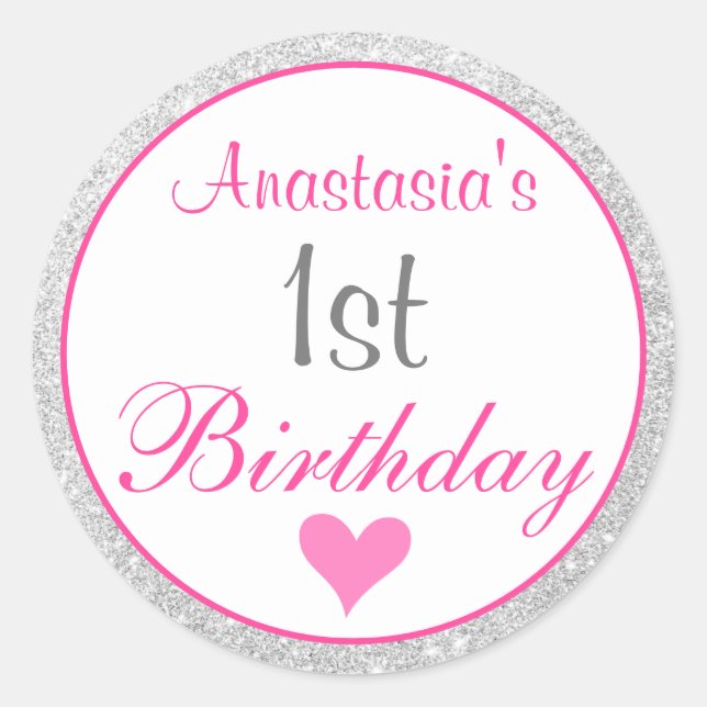 Girly Princess Pink & Silver Glitter 1st Birthday Classic Round Sticker (Front)
