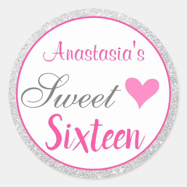 Girly Princess Pink & Silver Glitter Sweet Sixteen Classic Round Sticker (Front)