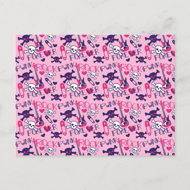 Girly Punk Rock Electric Guitars and Skulls Pink Postcard (Front)