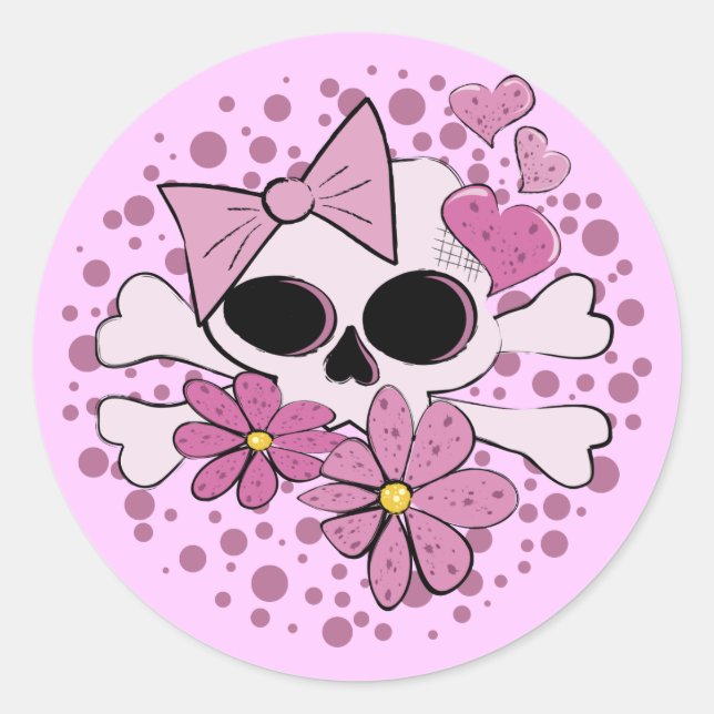 Girly Punk Skull Classic Round Sticker (Front)