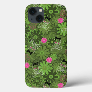 Girly Punk Skulls on Flower Camo background iPhone 13 Case