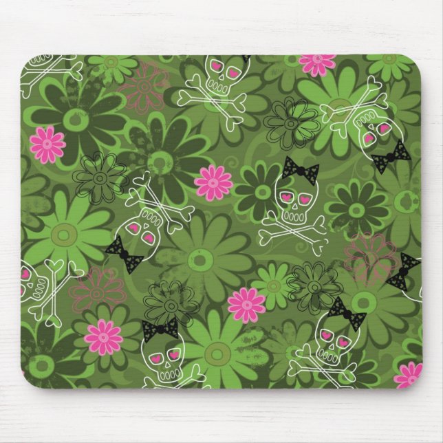 Girly Punk Skulls on Flower Camo background Mouse Pad (Front)