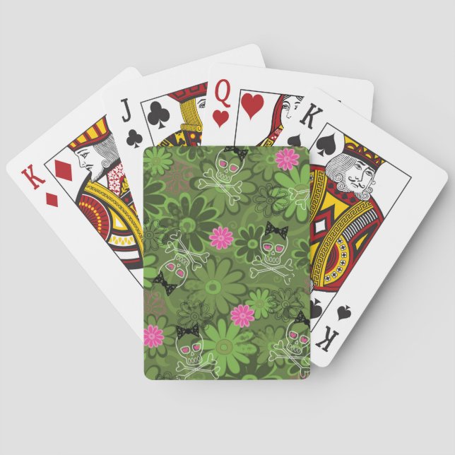 Girly Punk Skulls on Flower Camo background Playing Cards (Back)