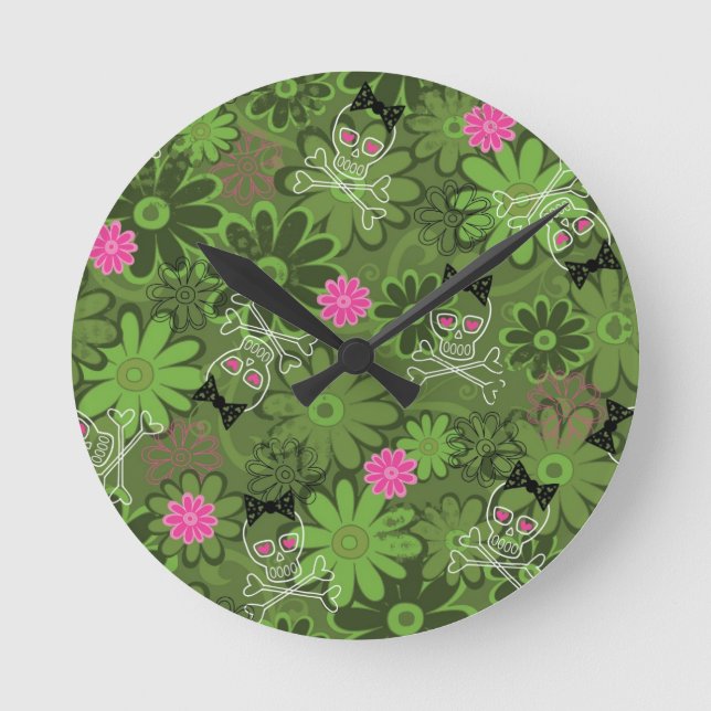 Girly Punk Skulls on Flower Camo background Round Clock (Front)