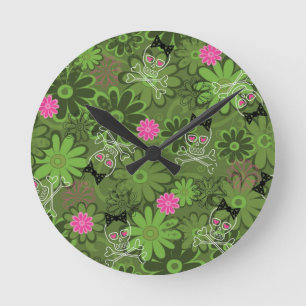 Girly Punk Skulls on Flower Camo background Round Clock