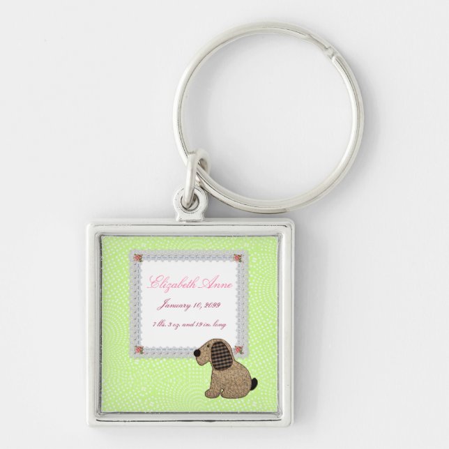 Girly Puppy Dog Baby Girl Birth Announcement Key Ring (Front)