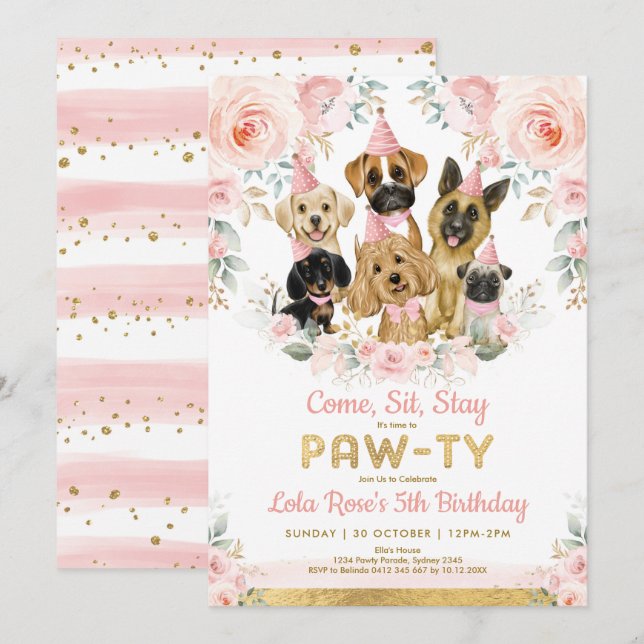 Girly Puppy Dog Birthday Party Blush Pink Flowers Invitation (Front/Back)