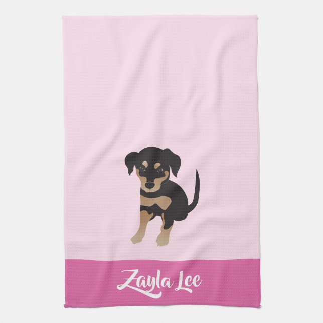 Girly Puppy Personalizable Dog Name Pink Tea Towel (Vertical)