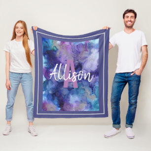 Girly Purple and Blue Watercolor Monogram Name Fleece Blanket