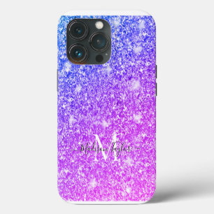 Girly Purple and Pink Glitter Monogram Name iPhone 13 Pro Case