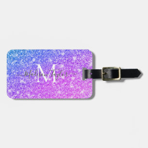 Girly Purple and Pink Glitter Monogram Name Luggage Tag