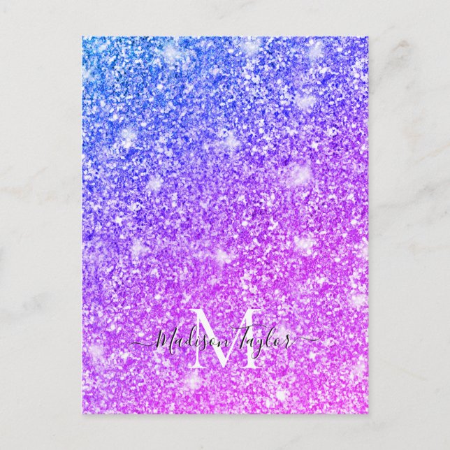 Girly Purple and Pink Glitter Monogram Name    Postcard (Front)