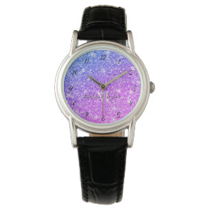 Girly Purple and Pink Glitter Monogram Name        Watch