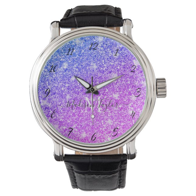 Girly Purple and Pink Glitter Monogram Name        Watch (Front)
