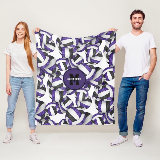 girly purple black volleyball team colours fleece blanket (In Situ)