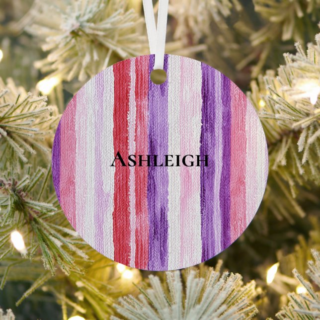 Girly Purple Blush Pink Red Stripes Christmas Metal Tree Decoration (Insitu)