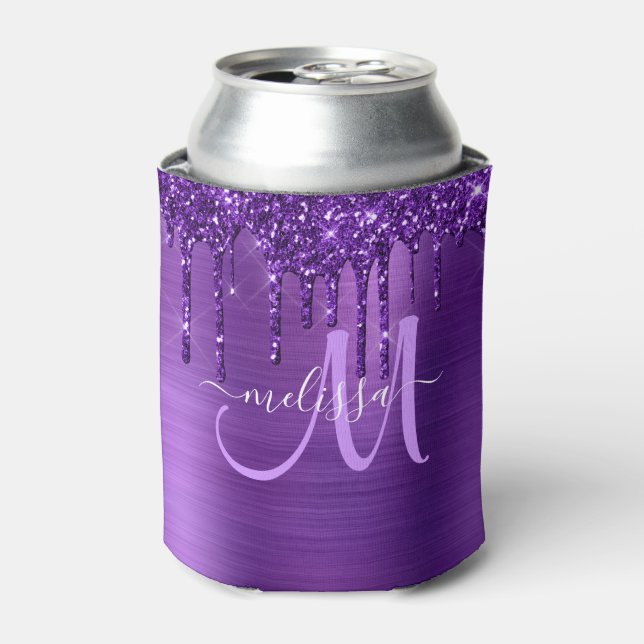 Girly Purple Brushed Metal Dripping Glitter Can Cooler (Can Front)