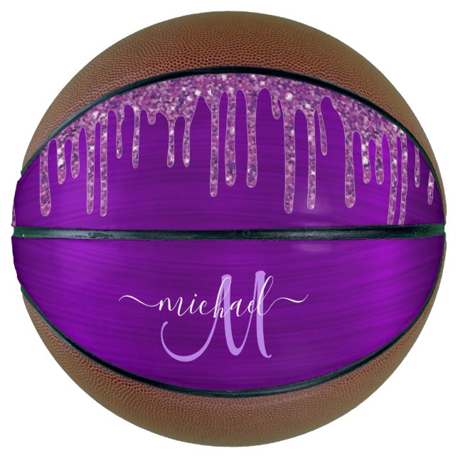 Girly Purple Dripping Glitter Brush Metal Monogram Basketball (Front)
