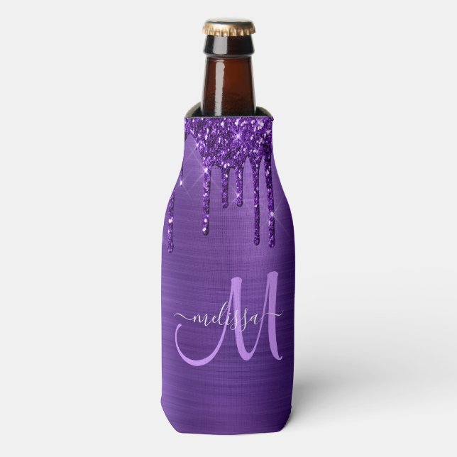 Girly Purple Dripping Glitter Brush Metal Monogram Bottle Cooler (Bottle Front)