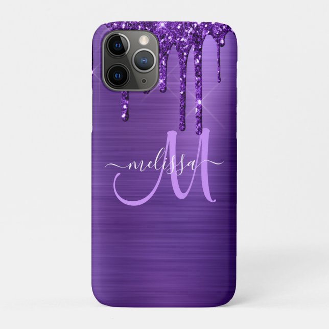 Girly Purple Dripping Glitter Brush Metal Monogram Case-Mate iPhone Case (Back)