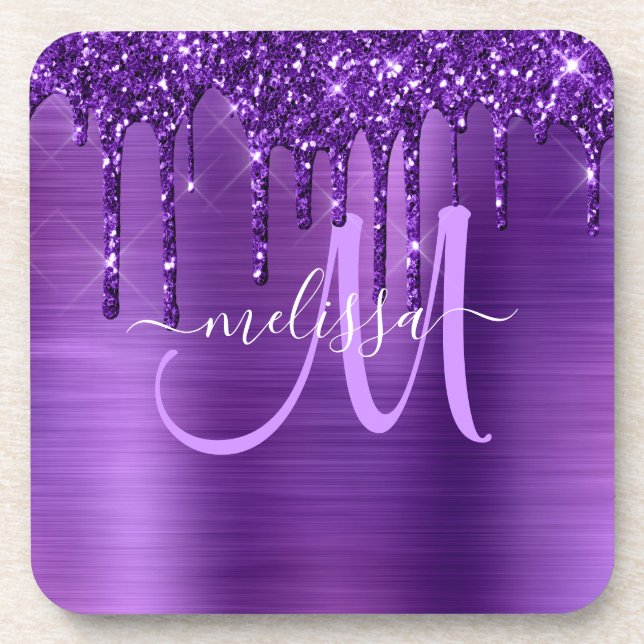 Girly Purple Dripping Glitter Brush Metal Monogram Coaster (Front)