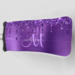 Girly Purple Dripping Glitter Brush Metal Monogram Golf Head Cover