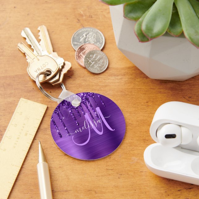 Girly Purple Dripping Glitter Brush Metal Monogram Key Ring (Desk)