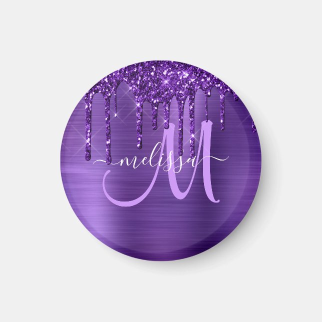 Girly Purple Dripping Glitter Brush Metal Monogram Magnet (Front)