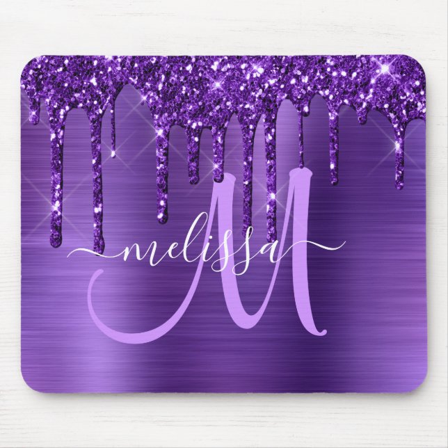Girly Purple Dripping Glitter Brush Metal Monogram Mouse Pad (Front)