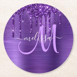 Girly Purple Dripping Glitter Brush Metal Monogram Round Paper Coaster