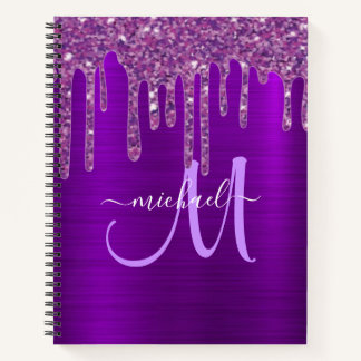 Girly Purple Dripping Glitter monogram sketchbook Notebook