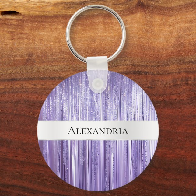 Girly Purple Glam Glitzy Tinsel Stripes  Key Ring (Front)