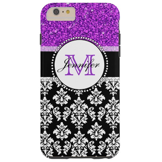 Girly Purple Glitter Black Damask Personalised Case-Mate iPhone Case (Back)