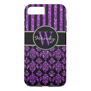 Girly Purple Glitter Black Damask Your Name Case-Mate iPhone Case