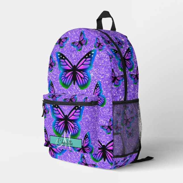 Girly purple glitter butterflies monogram printed backpack (Back Corner Right)