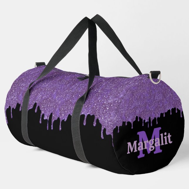 Girly Purple Glitter Drips Black Large  Duffle Bag (Left Corner)