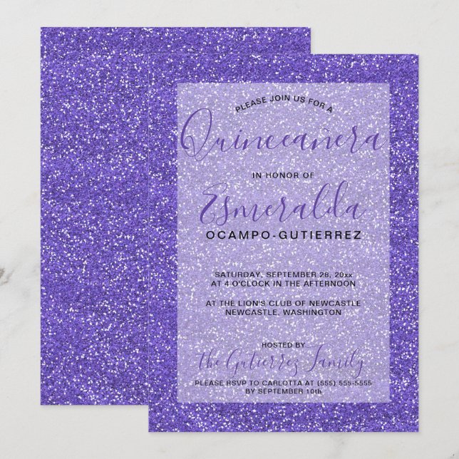 Girly Purple Glitter Quinceanera Birthday Invitation (Front/Back)