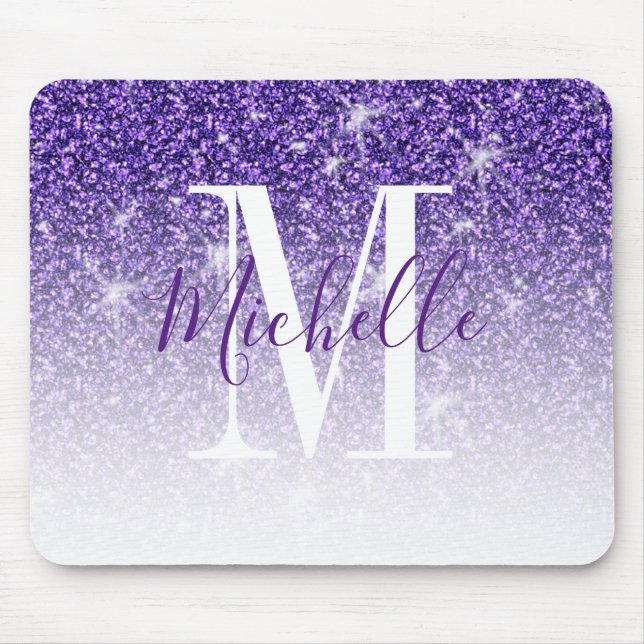Girly Purple Glitter Sparkle Monogram Name Mouse Pad (Front)