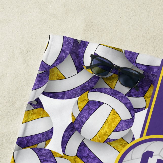 Girly purple gold custom volleyball team colours beach towel (In Situ)